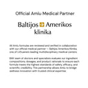 A text-based promotional graphic on a white background reading 'Official Amíu Medical Partner' and 'Baltijos Amerikos klinika,' with additional partnership text below in black and gray font.