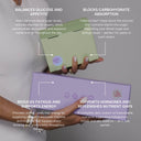 A person holds two supplement boxes against a gray background with descriptive text callouts. The top box is light green, and the bottom box is lavender.