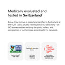 A white informational graphic with the headline 'Medically evaluated and tested in Switzerland' and several certification logos at the bottom, including Non GMO Project Verified, Baltijos Amerikos klinika, and Swiss Testing Labs.