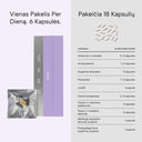 Promotional graphic for Amiu dietary supplement capsules showing two product boxes (one lavender, one gray/silver), a silver foil packet, and a white tablet illustration, alongside a Latvian dosage information table on a pale lavender background.