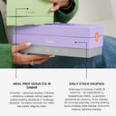 Person holding a purple Amiu product with text about meal prep and daily stack benefits.