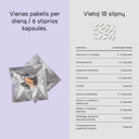 A product information graphic in Lithuanian showing Amiu dietary supplement packets on the left and a tablet count of 18 on the right, with a light lavender background and a white table listing supplement categories and capsule counts.