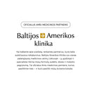 A white promotional graphic with black text in Lithuanian. At the top, a rounded label reads 'OFICIALUS AMIĆ MEDICINOS PARTNERIS,' followed by the large title 'Baltijos Amerikos klinika' with a small gold airplane icon between the words.