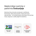 A white informational graphic with black text in Lithuanian about Swiss clinical testing and certification, plus three certification logos at the bottom: Non GMO Project Verified, Baltijos Amerikos Klinikos, and Swiss Testing Labs.