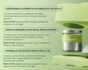 Promotional graphic for Amiu Meal Prep & Metabolic Support supplement, showing a green-labeled jar on a light green background with Lithuanian text callouts and product packaging elements.