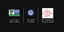 Three certification and testing logos on a black background: Lonza Non-GMO certified, ISO 22000 Certified, and Swiss Testing Labs SQTS Dietikon, CH 3rd-party tested.