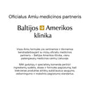 A white graphic with black text in Lithuanian, featuring the logo and name 'Baltijos Amerikos klinika' with a small gold airplane icon, plus the heading 'Oficialus Amiu medicinos partneris'.
