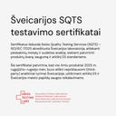 A light gray square graphic with black and red text in Lithuanian, headed 'Šveicarijos SQTS testavimo sertifikatai,' describing Swiss Quality Testing Services certification documents and logos at the bottom.