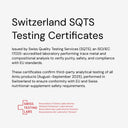 A text-based graphic reading 'Switzerland SQTS Testing Certificates' with descriptive copy about Swiss Quality Testing Services (SQTS) and Amíu products, plus the Swiss Testing Labs logo at the bottom on a light gray background.