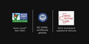 Three certification and test logos on a black background: Non GMO Project Verified, ISO 22000, and Swiss Testing Labs.